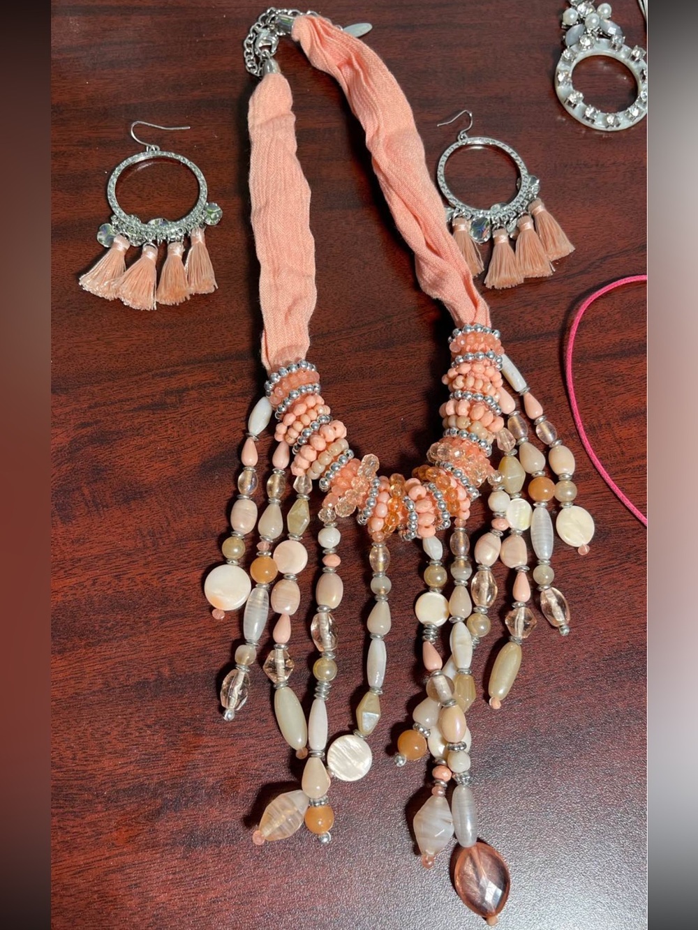 💖5 for $25😻 Boho Peach Beaded Statement Necklace with Tassel Earrings Set